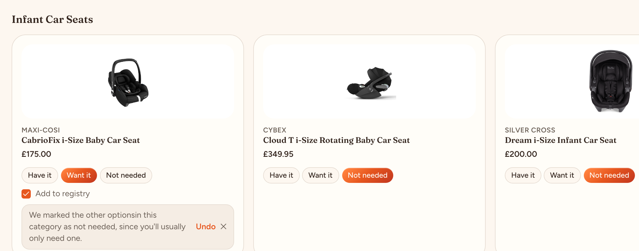 A pick-one category: choosing one car seat marks the others Not needed, with an Undo option