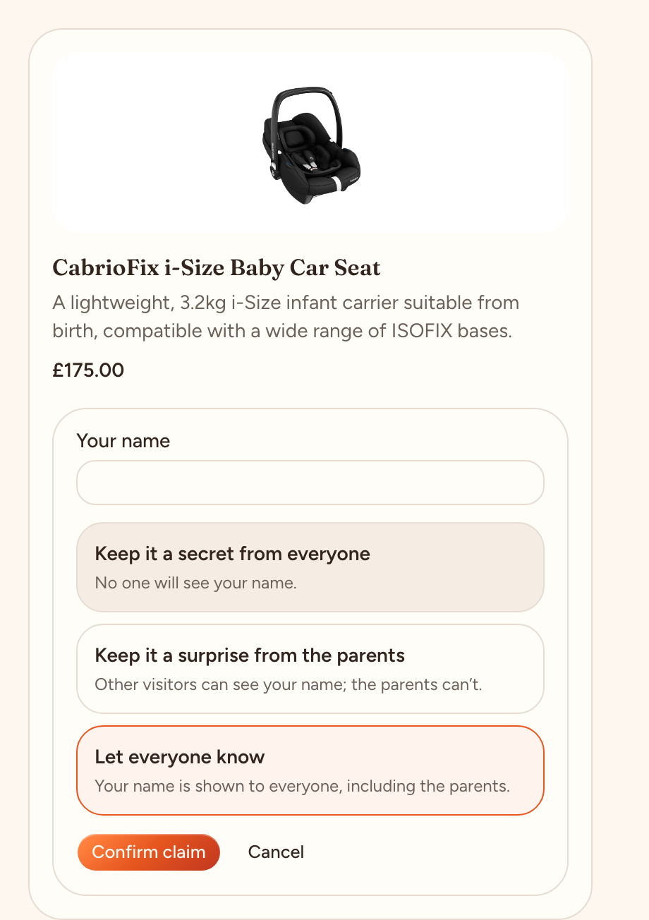 The claim form: enter your name and choose whether to keep the gift a secret, a surprise from the parents, or public